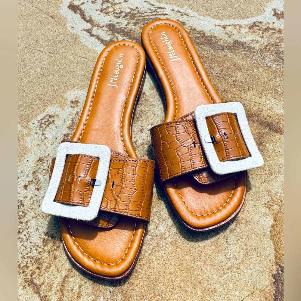 🆕 J. McLaughlin ✨ Bella Buckle Slide Sandals ✨ Natural Linen ✨NWOB✨ Size 10